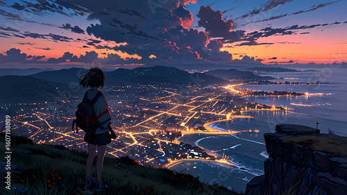 Anime Girl Overlooking a Coastal City at Sunset