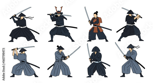 Eight diverse samurai warriors in dynamic combat poses illustrating japanese martial arts traditions