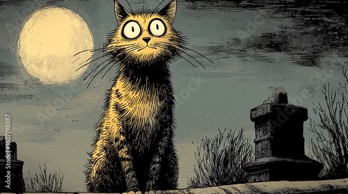 Funny cat on the roof meowing in the moonlight