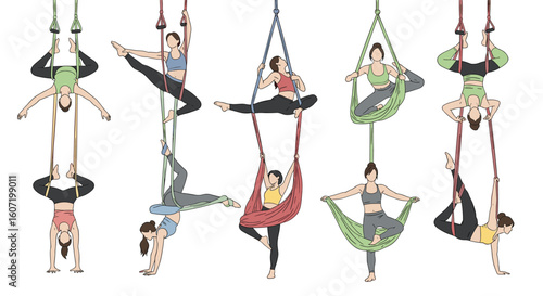 Exploring various dynamic aerial yoga poses on silken hammocks and straps