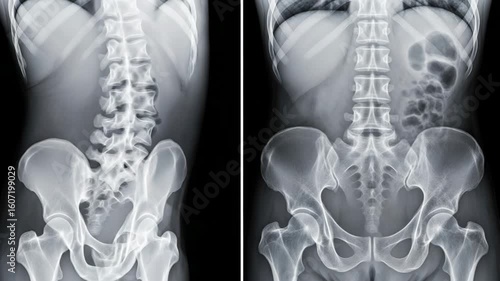 A detailed medical xray showcasing the human lumbar spine and pelvis from both a lateral and anterior view, highlighting bone structure and anatomy