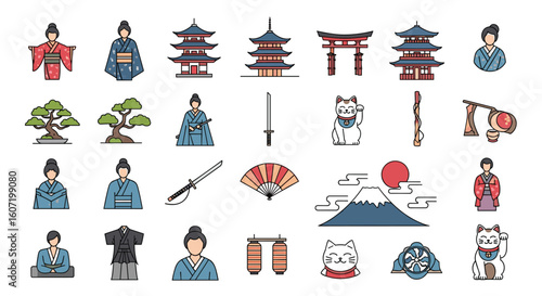 A collection of pixelated japanese cultural icons and symbols representing traditional art and design elements