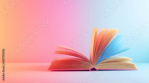 Open Book with Fanned Pages in Pink and Blue Gradient Lighting