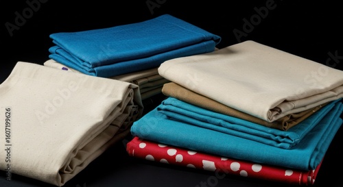 Wallpaper Mural Stacked Fabric Bolts: Textured Canvas, Teal, and Red Polka Dots ? Dramatic Low-Key Lighting Torontodigital.ca