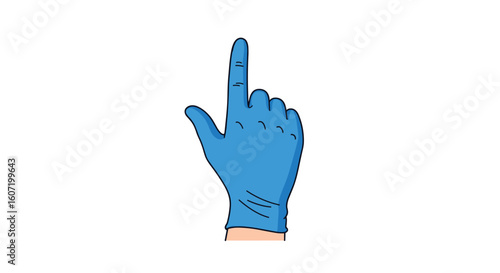 Blue medical glove finger pointing upwards showing direction and index finger raised in a white background