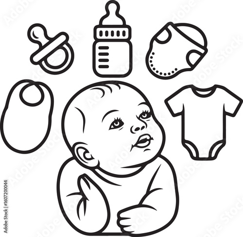 Baby Essentials Line Icons Set — Pacifier, Bottle, Diaper, Onesie, Bib, Blanket, and Newborn Items