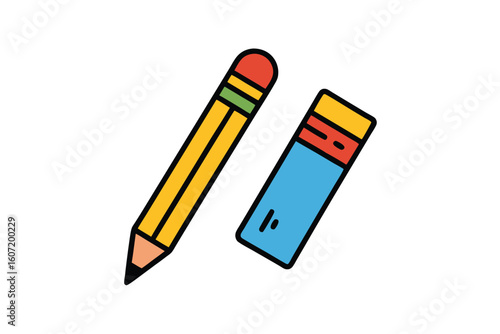 Hand Drawn Pencil and Eraser Doodle Illustration with Vector Art Elements on White
