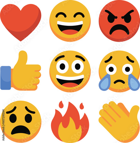 Colorful Emoji Reaction Set — Flat Icons of Love, Laughter, Like, Anger, Wow, Sadness, Applause, and Fire
