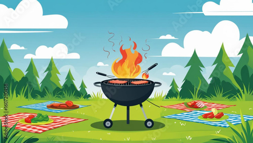 Summer Barbecue Picnic in a Park with a Flaming Grill