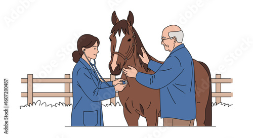 Veterinarian and owner examine healthy horse during outdoor farm visit routine checkup