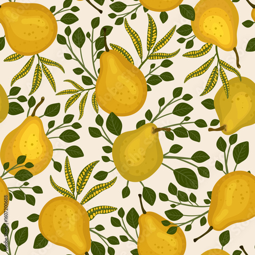 Abstract seamless pattern with yellow pears and leaves on white background. Fruit floral print. Botanical trendy design for fabrics, Wallpapers, packaging... Vector illustration in hand-drawn style.