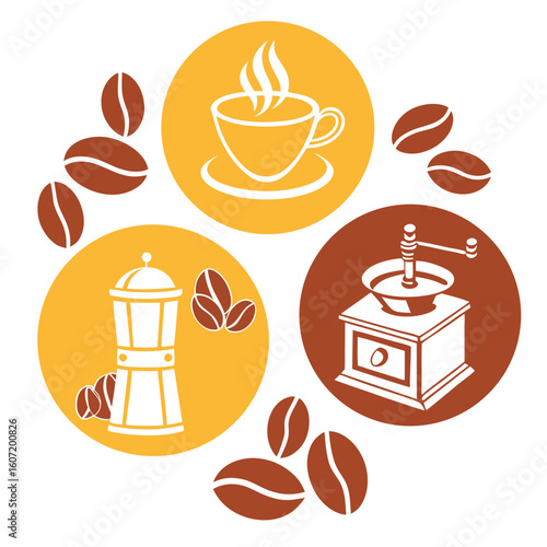 Coffee icons including a steaming cup a moka pot and a grinder