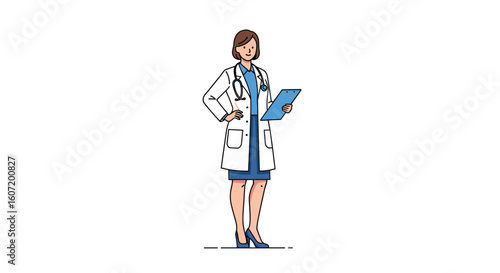 Professional female doctor holding medical chart confidently ready for patient consultation and examination