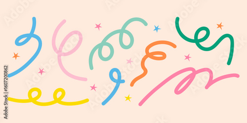 Set abstract playful minimal background with wavy line. Poster with organic curvy curly stripe.
