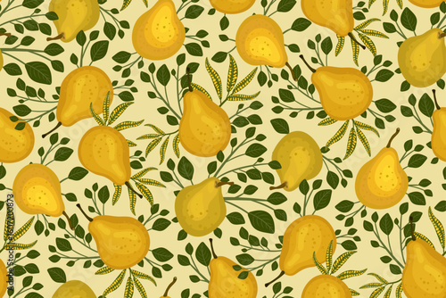 Seamless repeating pattern with painted yellow pears and leaves of trees. Fruit on a light background. Collection of floral prints. Modern vintage design. Vector illustration.
