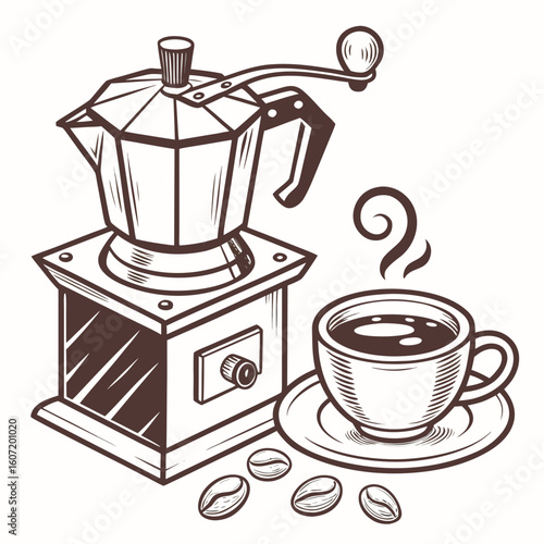 Vintage coffee grinder and moka pot with a steaming cup of coffee
