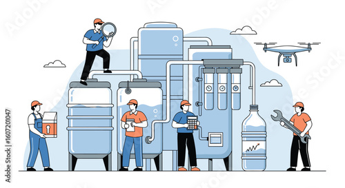 Industrial water treatment system maintenance and operations team working together