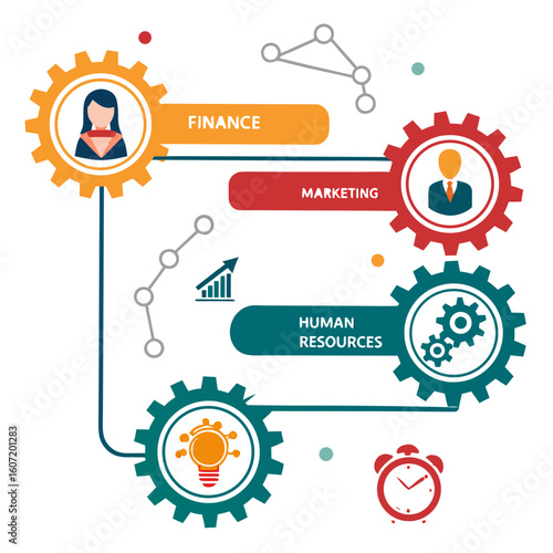 Business departments and concepts interconnected with gears and icons