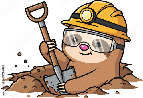 Cartoon sloth construction worker wearing miner helmet, safety goggles, digging with shovel in the ground, cad drawing flat vector illustration character