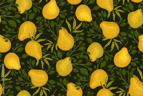 Vector seamless floral pattern with yellow pears and tree branches on dark green background. Abstract fruit print in vintage retro style, template for Wallpaper, fabric, packaging design,  interior...