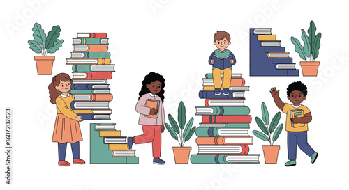 Children ascend towers of knowledge and imagination through reading adventures