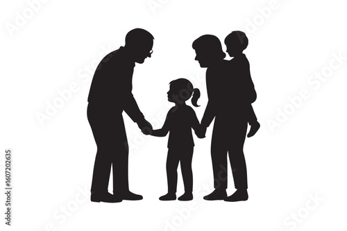 Grandparents with grandchildren silhouette vector art illustration on white background