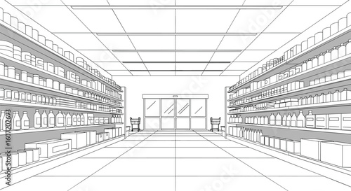 Aisle view of a modern retail store interior showcasing shelves and entry way with double doors