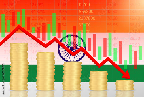 India Economy. Flag of India with Falling Financial Graph. Economic Crisis and Global Recession Concept. Vector Illustration.  