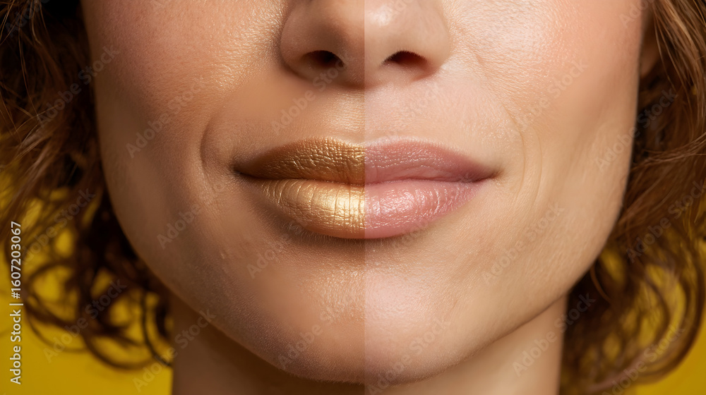 Naklejka premium Contrasting beauty with bold golden lip art and natural tones against a vibrant yellow backdrop