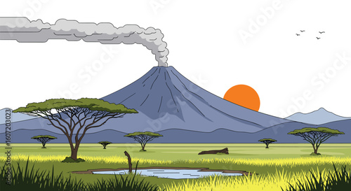 African savannah volcano eruption at sunrise with acacia trees and wildlife
