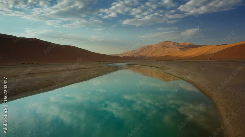Fototapeta premium Serene desert oasis reflects dramatic cloudy sky and golden mountain peaks in a vast untouched landscape