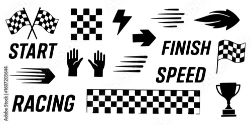 Racing Icons Set – Finish Flags, Arrows, Start Elements, vector, silhouette, speed,sport icon set