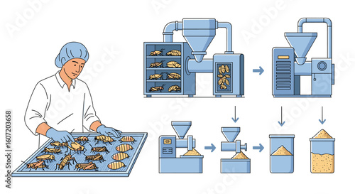 Food processing workflow from raw ingredients through packaging stages