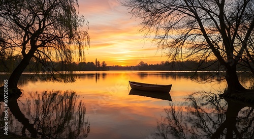 Serene lake at sunset with a solitary rowboat and tree reflections water