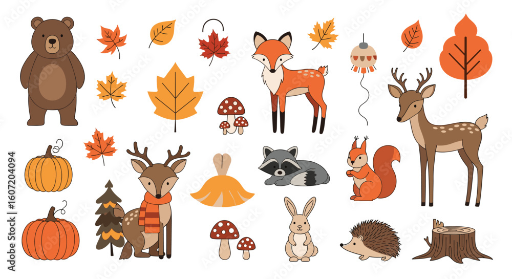 Obraz premium Charming autumn forest woodland animals and fall foliage elements for seasonal designs