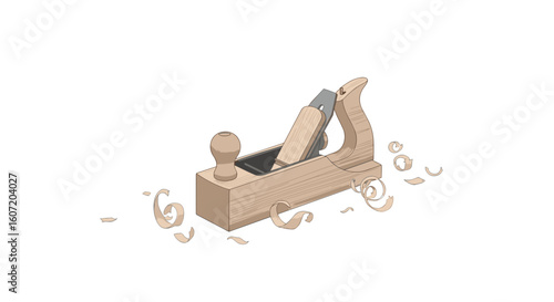 Wood hand plane with shavings in flat color illustration