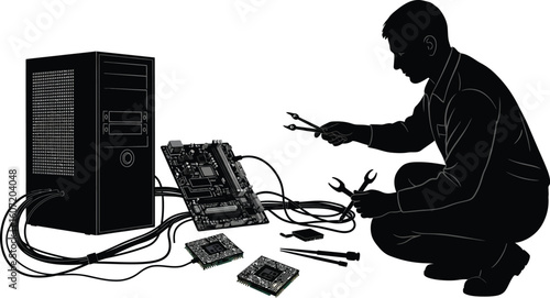 Computer technician repairing PC hardware with tools, motherboard and components for technology repair service or maintenance work order