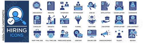 Hiring icon collection set. Containing design Job Search, Resume Document, Interview, HR Manager, Job Ad