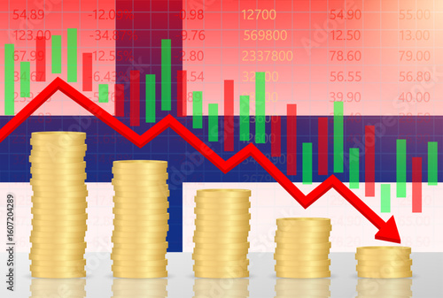 Finland Economy. Flag of Finland with Falling Financial Graph. Economic Crisis and Global Recession Concept. Vector Illustration.  