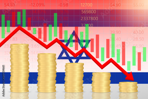 Israel Economy. Flag of Israel with Falling Financial Graph. Economic Crisis and Global Recession Concept. Vector Illustration.  
