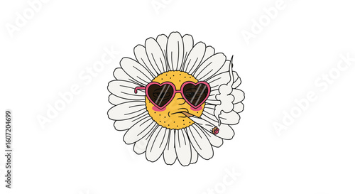 Cool daisy flower character wearing heart shaped sunglasses and smoking a cigarette with a chill vibe