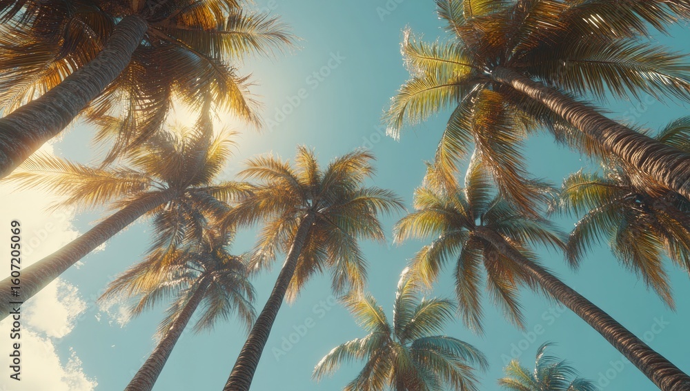 Fototapeta premium Palm trees reaching skyward under a vibrant azure sky. Sunlight filters through lush foliage