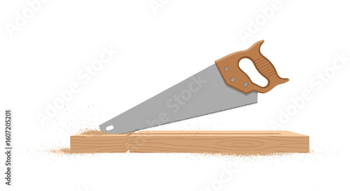  Hand saw cutting wooden plank in flat color illustration