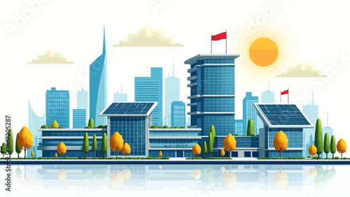 A stylized cityscape illustration featuring modern buildings, solar panels, trees, flags, and a bright sun against a white background with cloud accents.