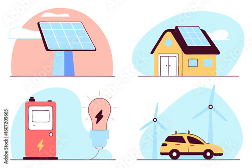 Nowoczesny zestaw ikon ilustrujących odnawialne źródła energii. Koncepcja fotowoltaiki, energii wiatrowej i elektromobilności.