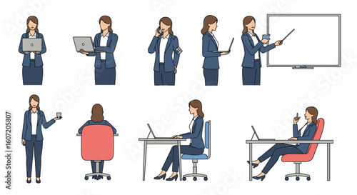 Professional business woman demonstrating various office activities and tasks with digital devices and presentations