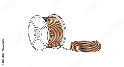 Brown wire spool illustration with plastic reel on white background