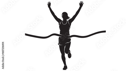 Silhouette of runner crossing finish line with arms raised, vector illustration