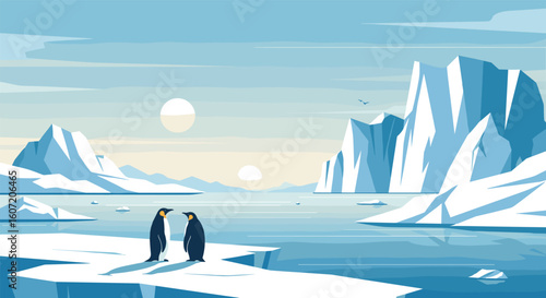 Two emperor penguins stand on an icy shoreline observing the arctic landscape under a bright sun