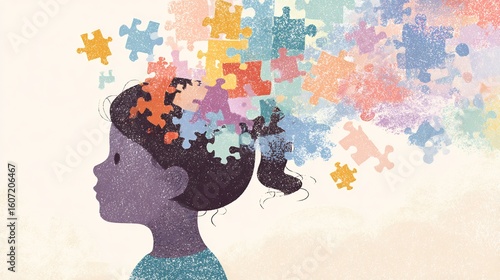 Cognitive development concept art showing childs silhouette with puzzle pieces and colorful shapes forming a brain education and psychology intersection soft pastel palette